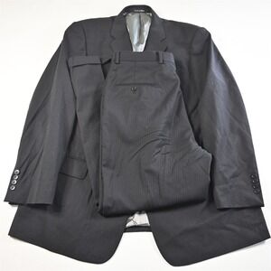 Vtg Y2K‎ Axcess 48L 38x32 Black Striped 100% Wool Mens Jacket Pants Suit